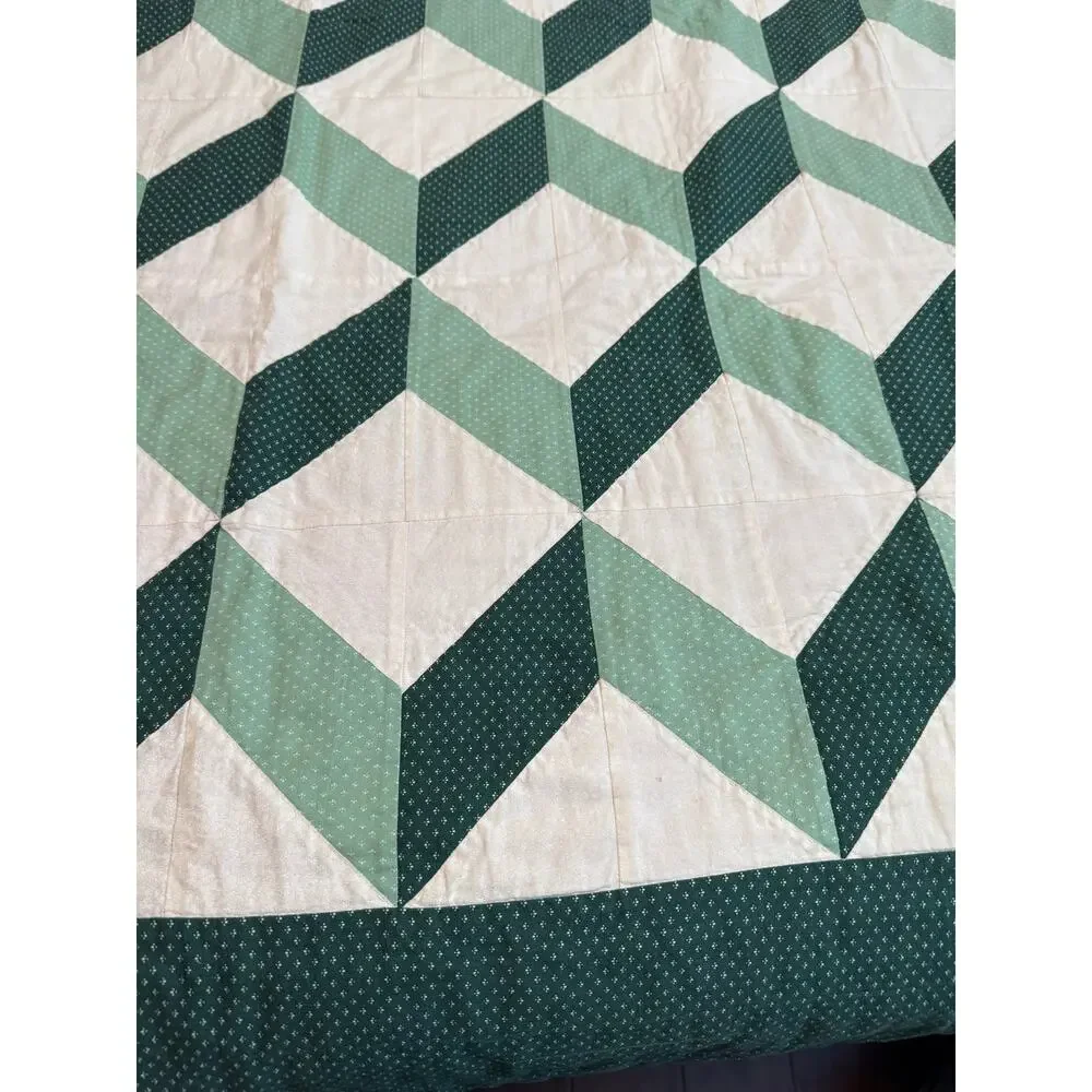 Handmade Cotton Quilt Green Shades & White Tumbling Blocks Geometric Design VTG